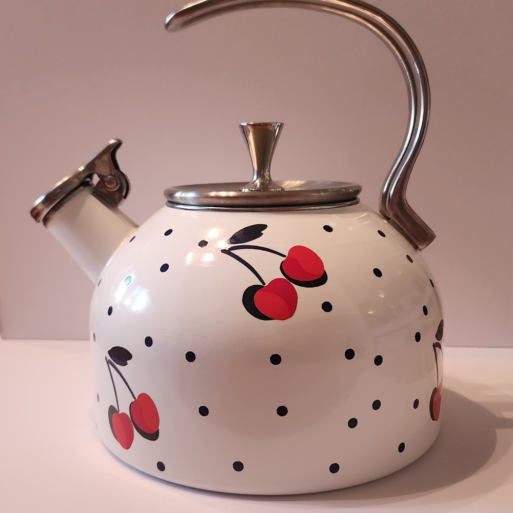 Kate Spade White Teapot with Red Cherry and Black Polka Dots